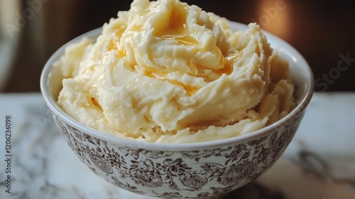 Delicious creamy mashed potatoes served in a bowl against a warm background