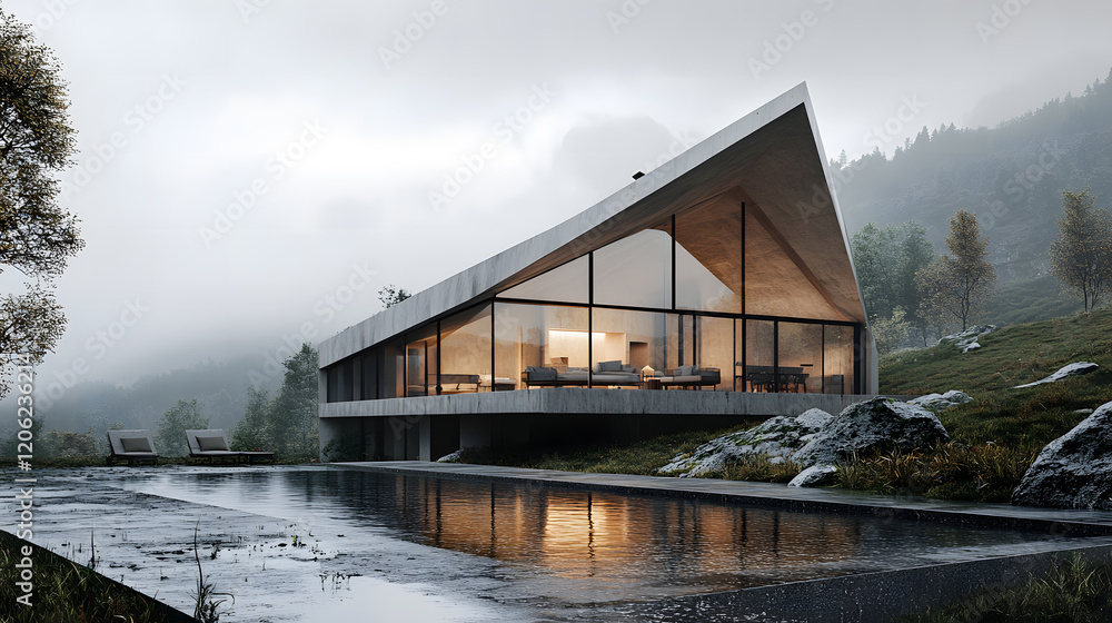 Stunning modern retreat by calm water. Stunning modern retreat by calm water.