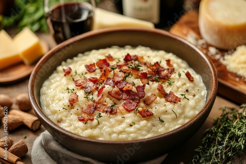 Creamy pasta dish topped with crispy bacon, herbs, and spices in a rustic set...