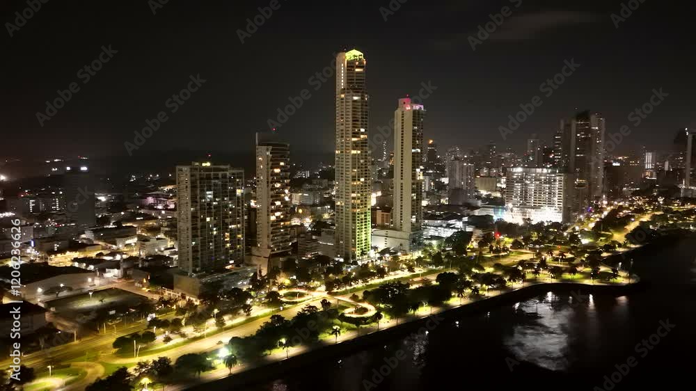 Aerial view of the Panama City skyline from the coastal strip at night, Panama. Aerial view of the Panama City skyline from the coastal strip at night, Panama.
