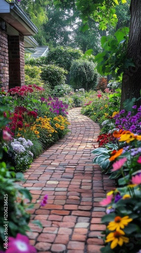 Colorful pathway winding through a lush garden filled with blooming flowers i...