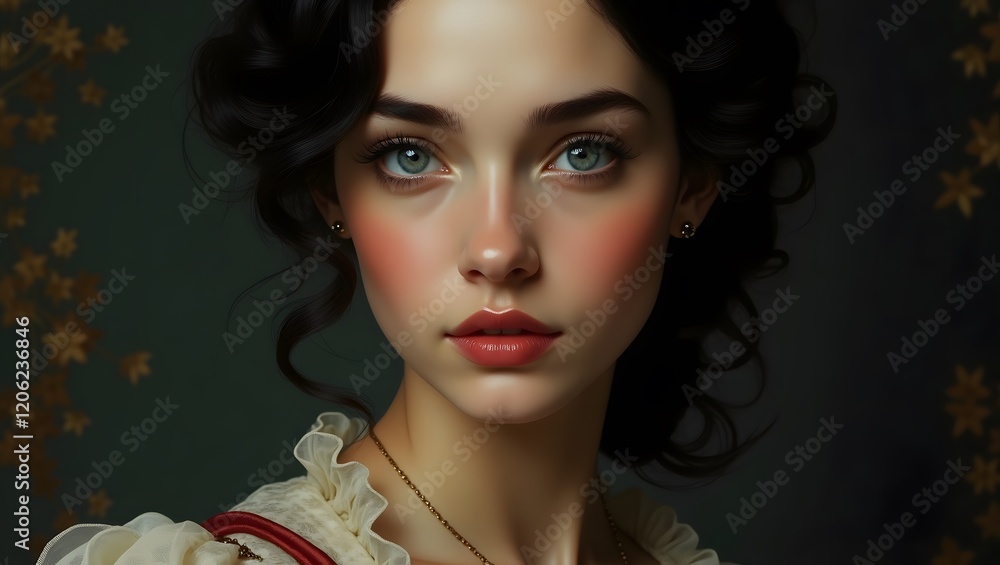 Fototapeta premium A portrait of a dark-haired woman with striking blue eyes and delicate features.