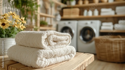 Elegant laundry room with modern machines and natural light in a cozy wooden ...