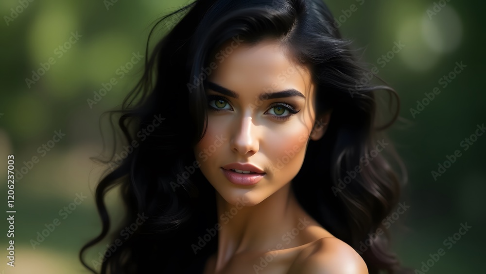 Naklejka premium A close-up portrait of a woman with dark hair and green eyes.
