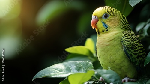Bright green budgie perched by a sunlit window with plants in the background ...