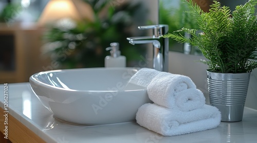 Modern bathroom sink with neatly stacked towels and potted plants for a refre...