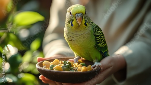 Bright green budgie perched by a sunlit window with plants in the background ...