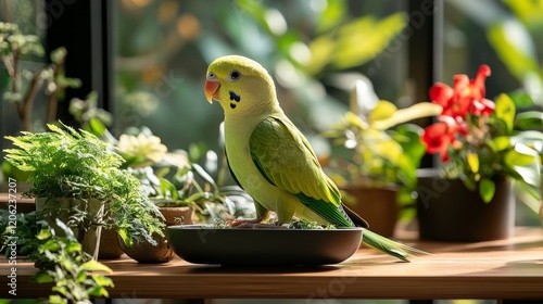 Bright green budgie perched by a sunlit window with plants in the background ...