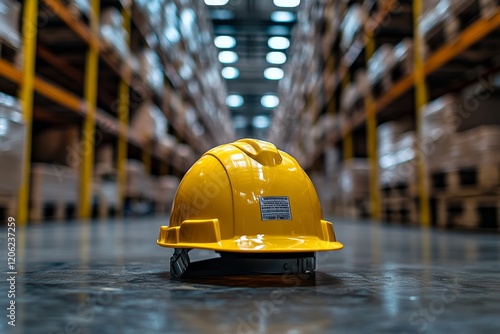 Bright yellow construction helmet placed on floor in large storage facility d...