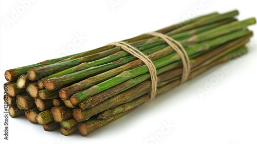 Sticks of fresh green plant material bundled with twine for decoration or cra...