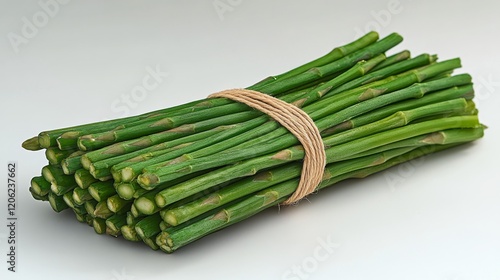 Sticks of fresh green plant material bundled with twine for decoration or cra...