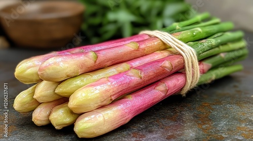 Sticks of fresh green plant material bundled with twine for decoration or cra...