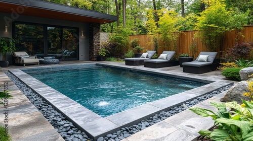 Beautiful outdoor pool and lounge area at a serene villa surrounded by lush g...