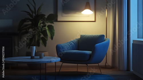 Cozy blue chair with warm ambient lighting.