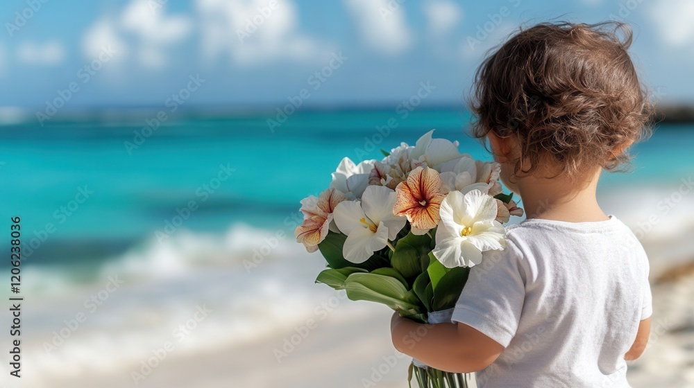 Child enjoys a tropical bouquet of orchids and hibiscus flowers on a sandy beach by the turquoise ocean. wedding in Hawaii, on the ocean shore, bride's bouquet Child enjoys a tropical bouquet of orchids and hibiscus flowers on a sandy beach by the turquoise ocean. wedding in Hawaii, on the ocean shore, bride's bouquet