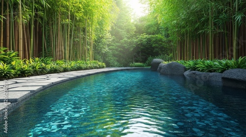 Tranquil bamboo garden with serene blue pool in lush green surroundings