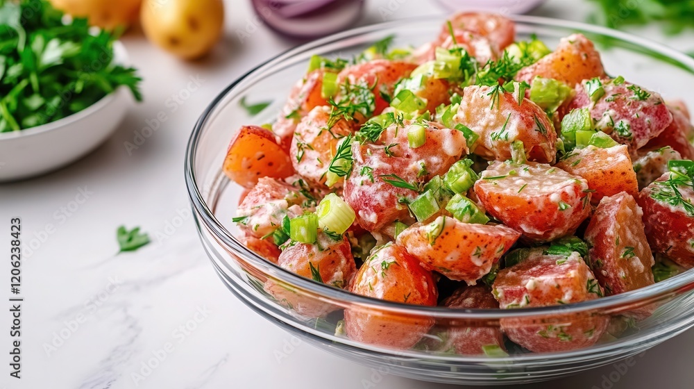 Colorful potato salad with red potatoes and fresh herbs served in a modern glass bowl on marble tabletop Colorful potato salad with red potatoes and fresh herbs served in a modern glass bowl on marble tabletop