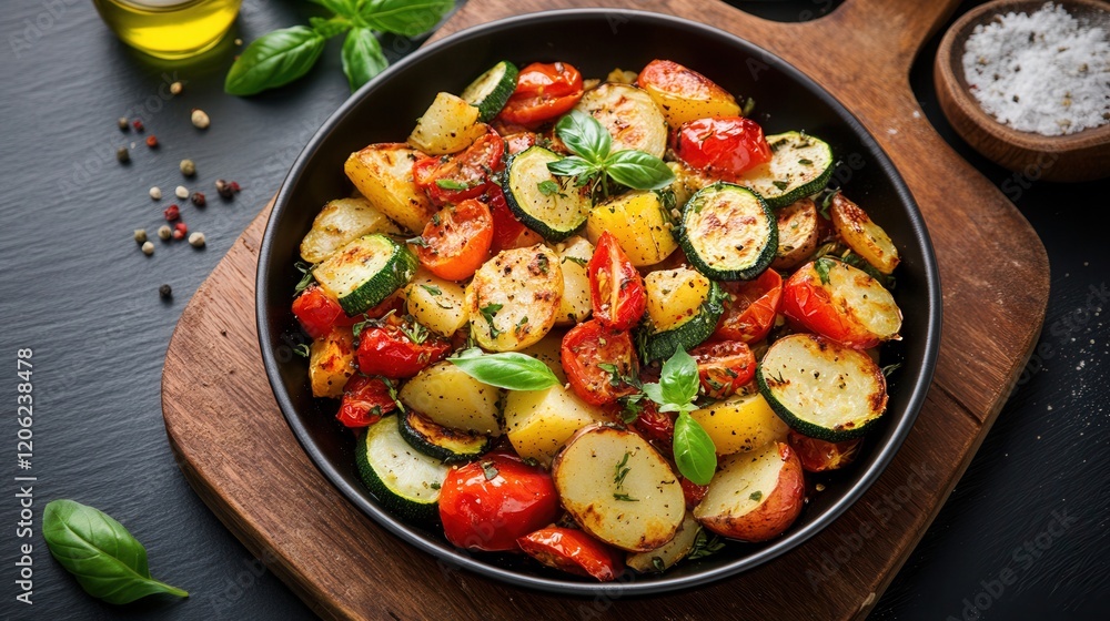 Vegan potato pizza with roasted zucchini, peppers, and cherry tomatoes served on rustic board Vegan potato pizza with roasted zucchini, peppers, and cherry tomatoes served on rustic board