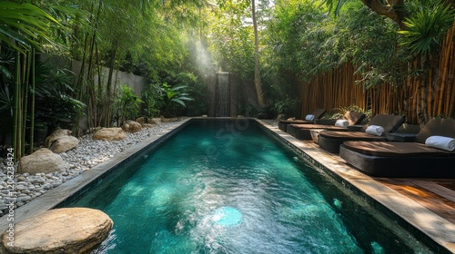 Tranquil bamboo garden with serene blue pool in lush green surroundings