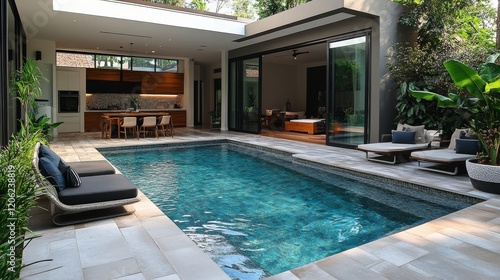 Luxurious swimming pool side view during sunset with modern architecture and ...