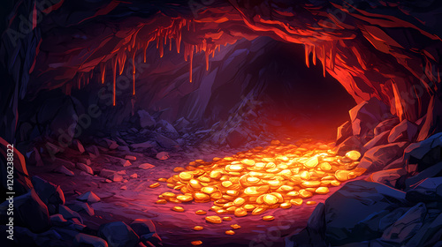 Mystical cave with gleaming gold nuggets illuminated by an ethereal red light creating enchanting and magical atmosphere. auriferous. illustration. Ethereal Cave. Illustration