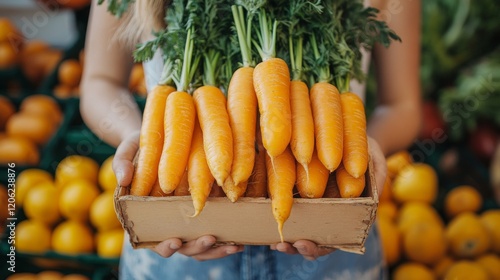 A beautifully composed photograph featuring a bunch of freshly picked carrots with vibrant green tops, artistically arranged in a quaint wooden crate, evoking freshness and nature. photo