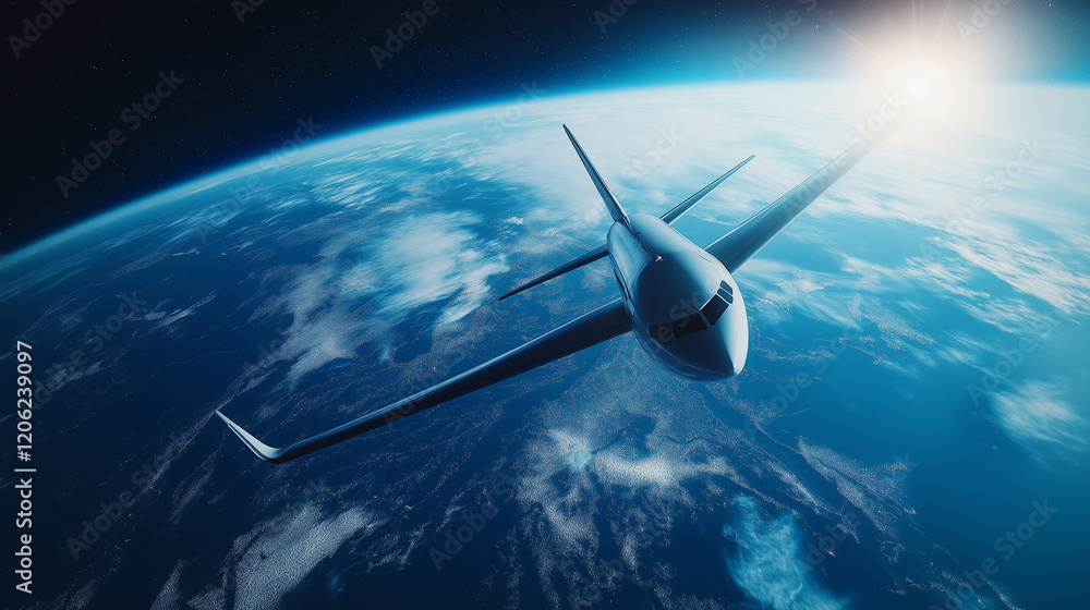 Obraz premium Futuristic airplane flying above the Earth with a bright sun in the background