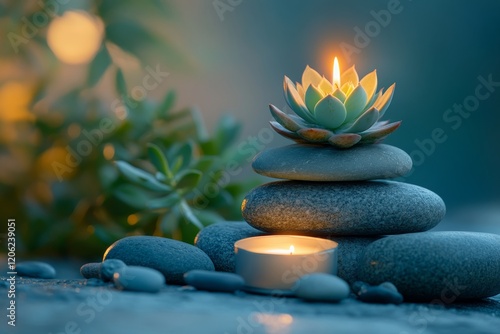 Tranquil arrangement of stones and succulent with a glowing candle in a seren...