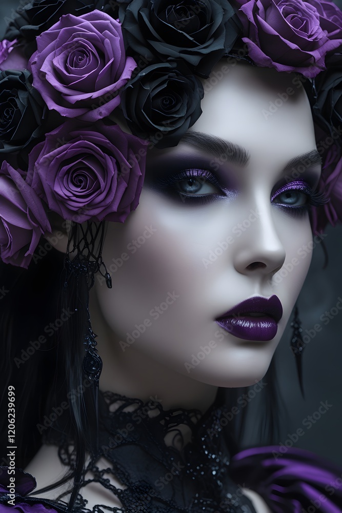Naklejka premium A close-up portrait of a woman with dark makeup, a purple lip, and a crown of black and purple roses.