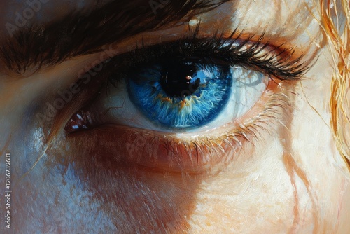 Close-up view of a striking blue eye decorated with golden accents and dramat...