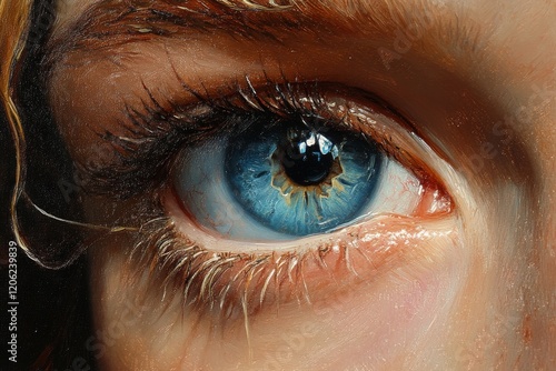 Close-up view of a striking blue eye decorated with golden accents and dramat...