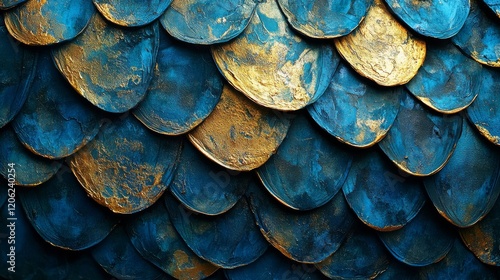 Wallpaper Mural A close-up view of overlapping blue and gold scales, evoking a sense of mystery and elegance, reminiscent of fish or dragon skin in rich detail and color. Torontodigital.ca