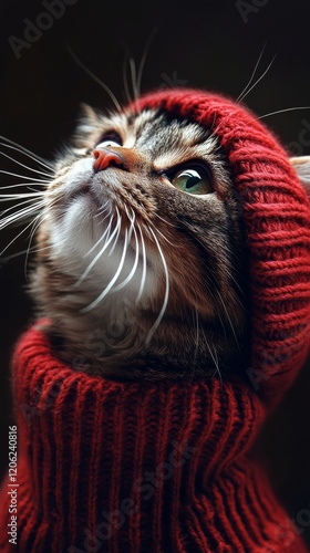 Cute cat in a red sweater looking upwards with a curious expression and whisk...