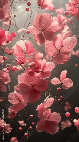 Falling cherry blossom petals create a serene atmosphere in soft light
