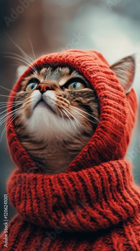 Cute cat in a red sweater looking upwards with a curious expression and whisk...