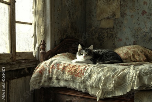 Orange cat peacefully napping on colorful cushions by a sunlit window in a co...