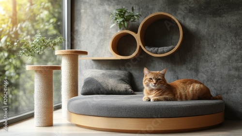 Cat lounging on a scratching post surrounded by vibrant house plants in a sun...
