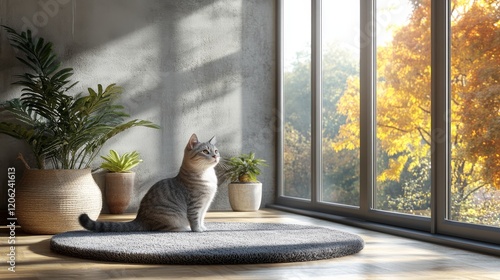 Cat lounging on a scratching post surrounded by vibrant house plants in a sun...