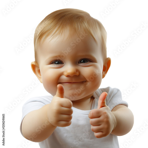 1 y/o Caucasian infant smiling and two thumbs up, isolated on white transparent background photo