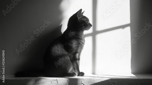 Black cat sitting on a windowsill gazing at the morning light in a quiet room