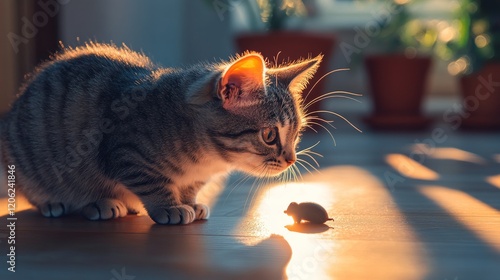 Curious cat and a small toy mouse on wooden floor at home during daytime