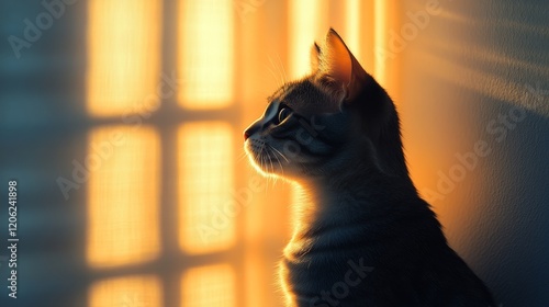 Black cat sitting on a windowsill gazing at the morning light in a quiet room
