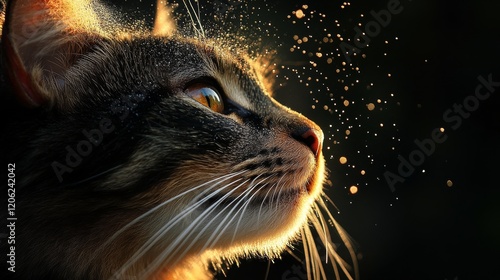 Captivating close-up of a cat illuminated by dust particles in soft light