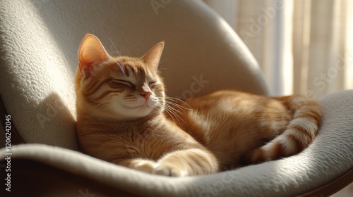 Relaxing cat in cozy chair enjoying peaceful morning light in a modern living...