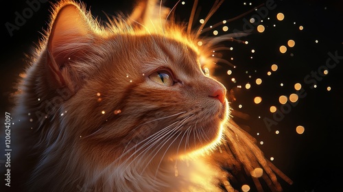 Captivating close-up of a cat illuminated by dust particles in soft light
