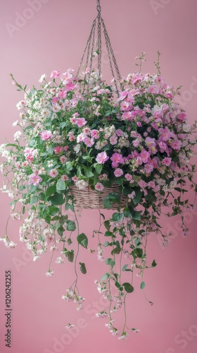 Hanging floral arrangement with pink flowers and green leaves on a light back...