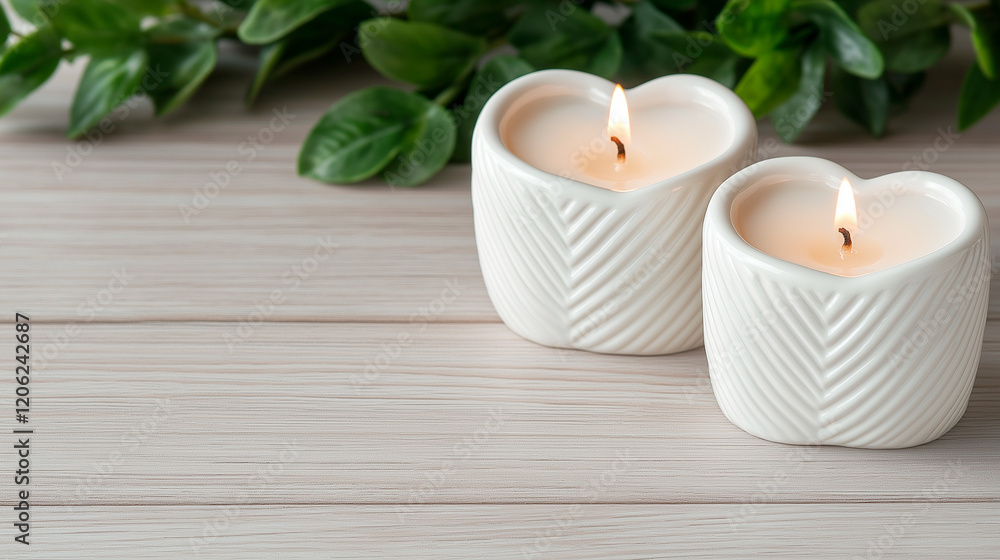 Heart-shaped candles with copy space. Plants at the background. Heart-shaped candles with copy space. Plants at the background.