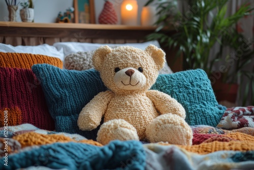Cozy bear sitting on a bed surrounded by colorful knitted pillows and a warm ...