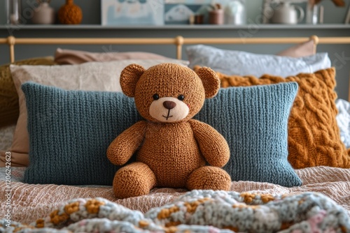 Cozy bear sitting on a bed surrounded by colorful knitted pillows and a warm ...