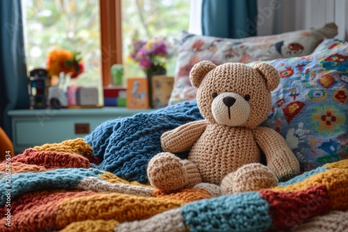 Cozy bear sitting on a bed surrounded by colorful knitted pillows and a warm ...